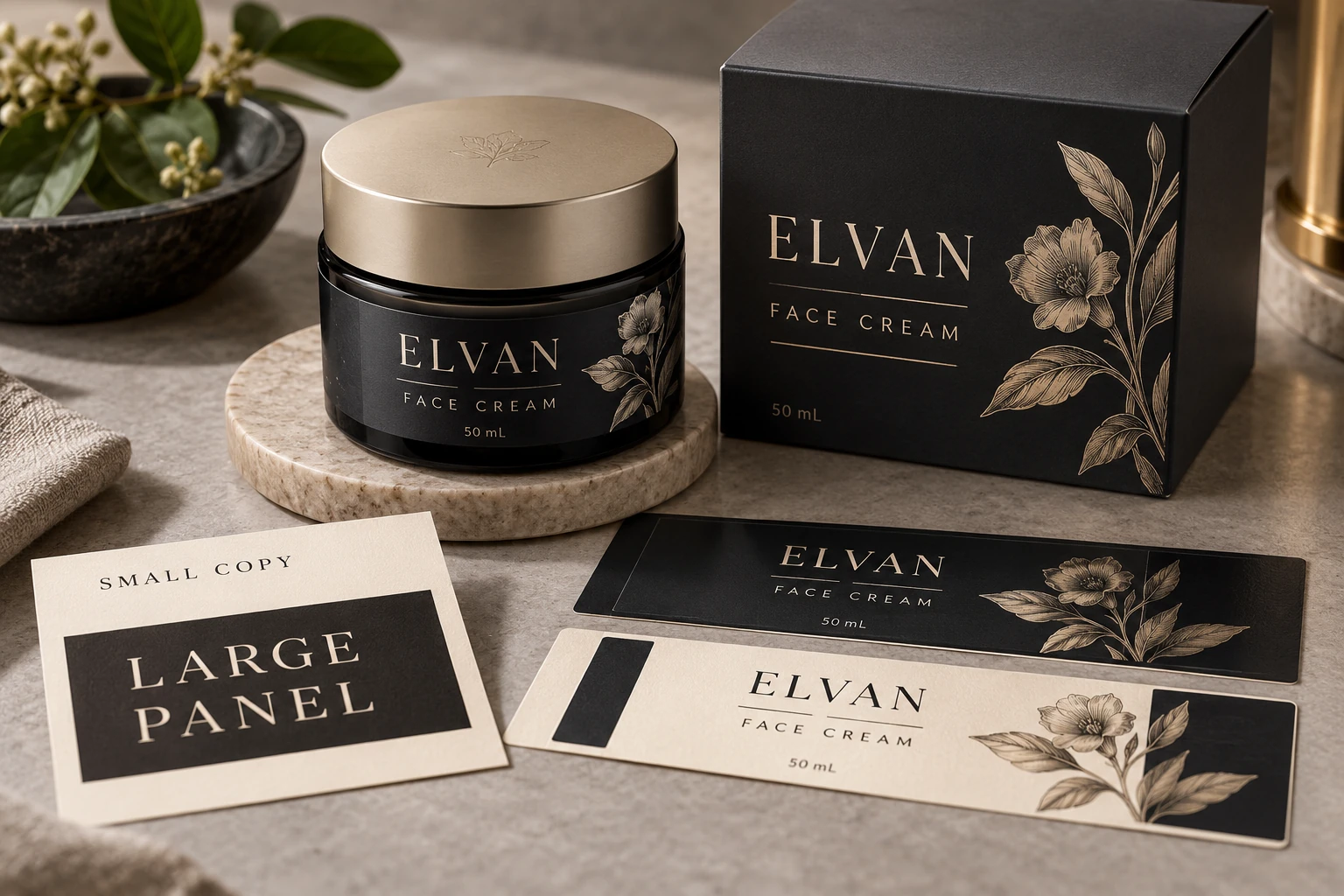 Cream jar with black copy and large dark-panel artwork samples