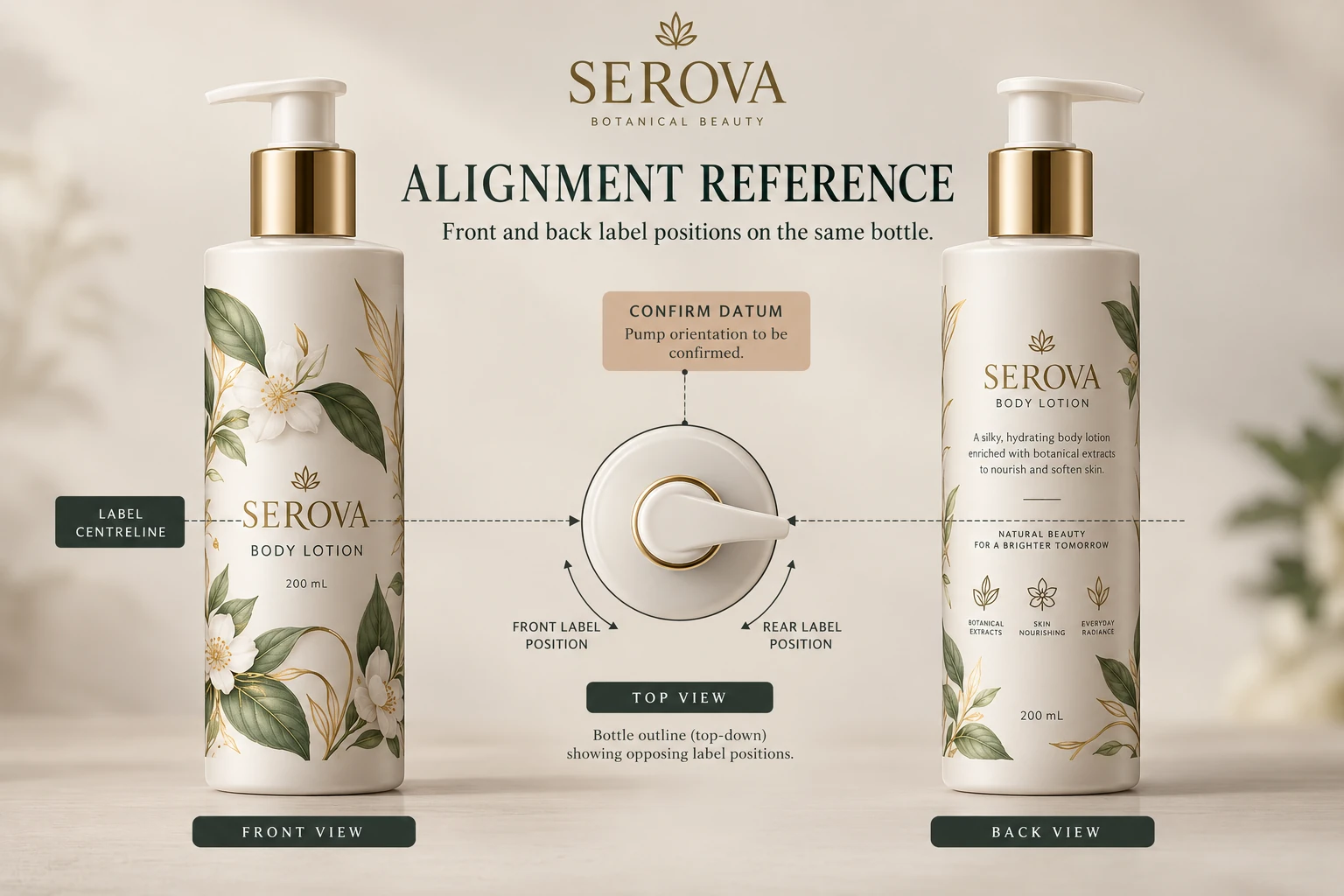 Front and rear bottle views with an alignment reference