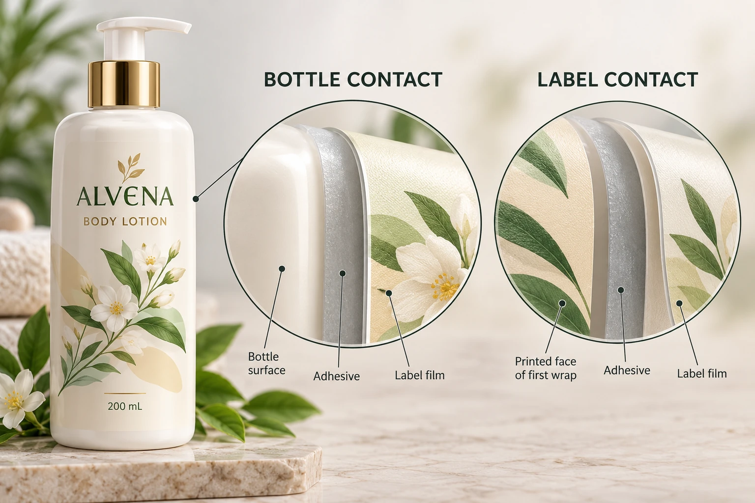 Bottle contact and label-face contact at a wrap seam