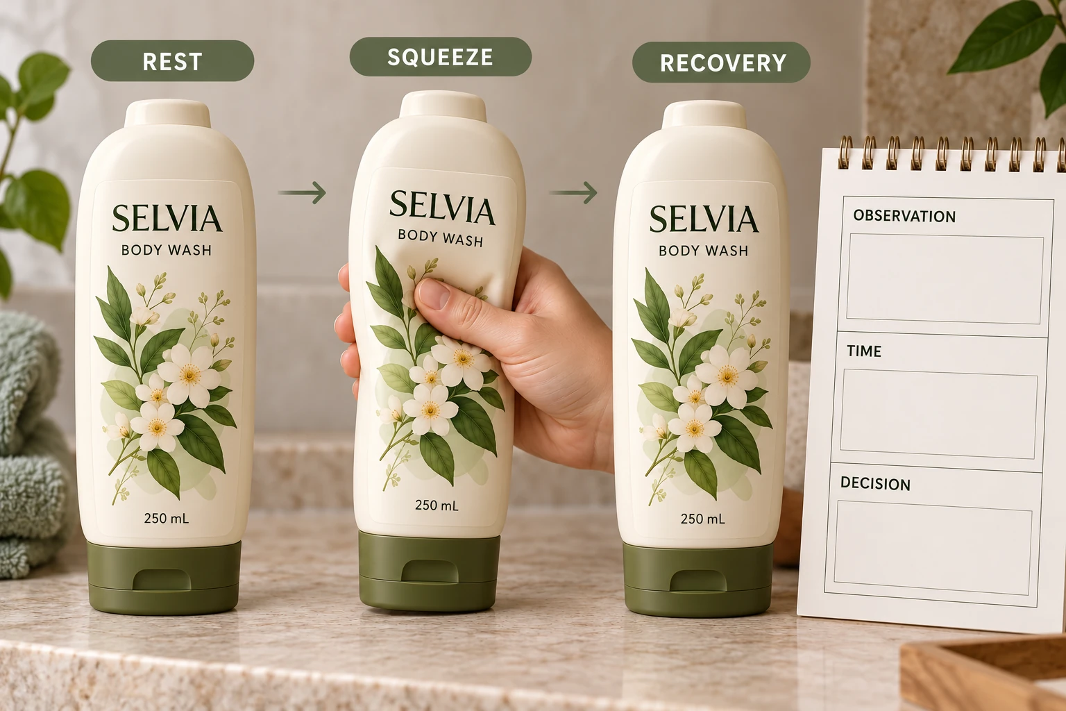 Rest, squeeze and recovery review stages for a labeled bottle