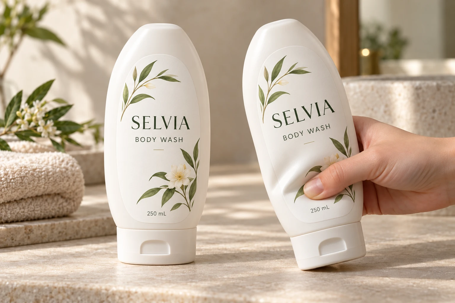 Branded body-wash bottles illustrating rest and squeeze conditions