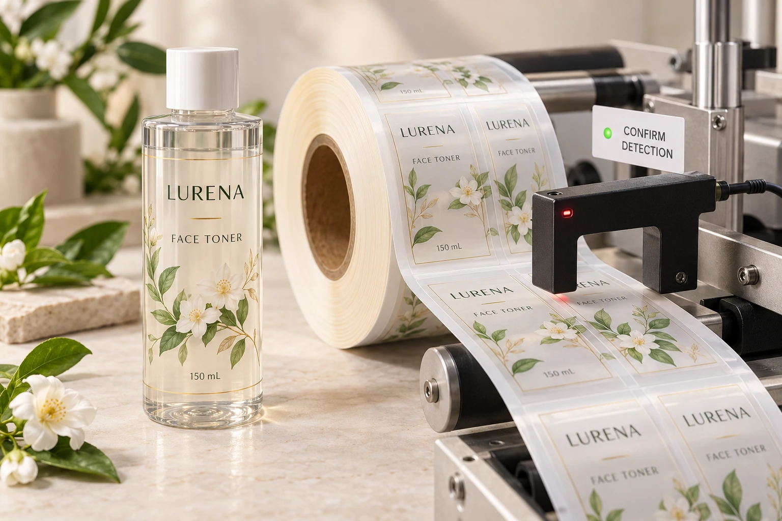 Transparent label web and illustrative detector beside toner packaging