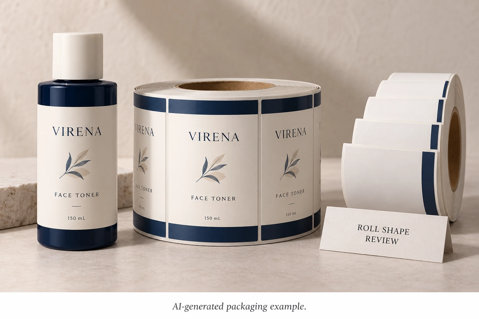Illustrative label-roll geometry review beside branded toner packaging