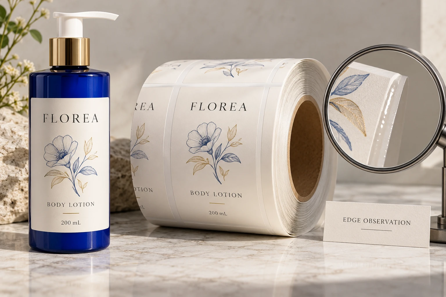 Lotion packaging and illustrative label-roll edge observation