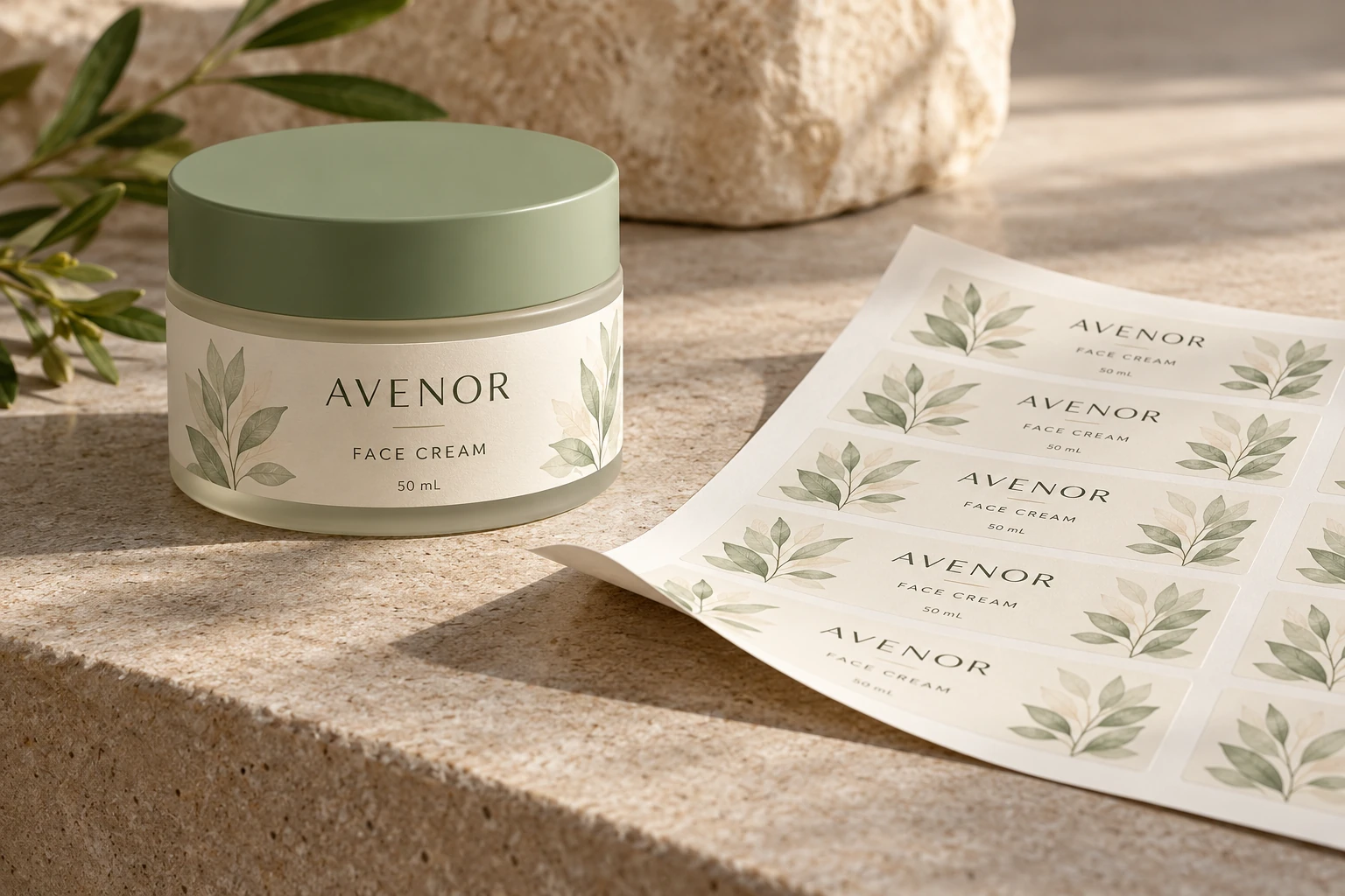 Cream jar and branded label sheets with an illustrative curled edge