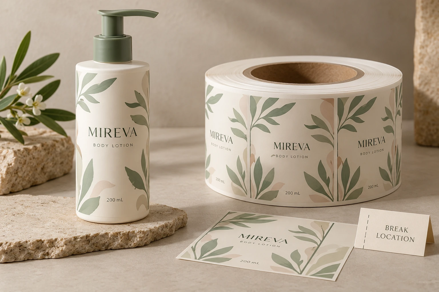 Lotion bottle, label roll and retained web segment