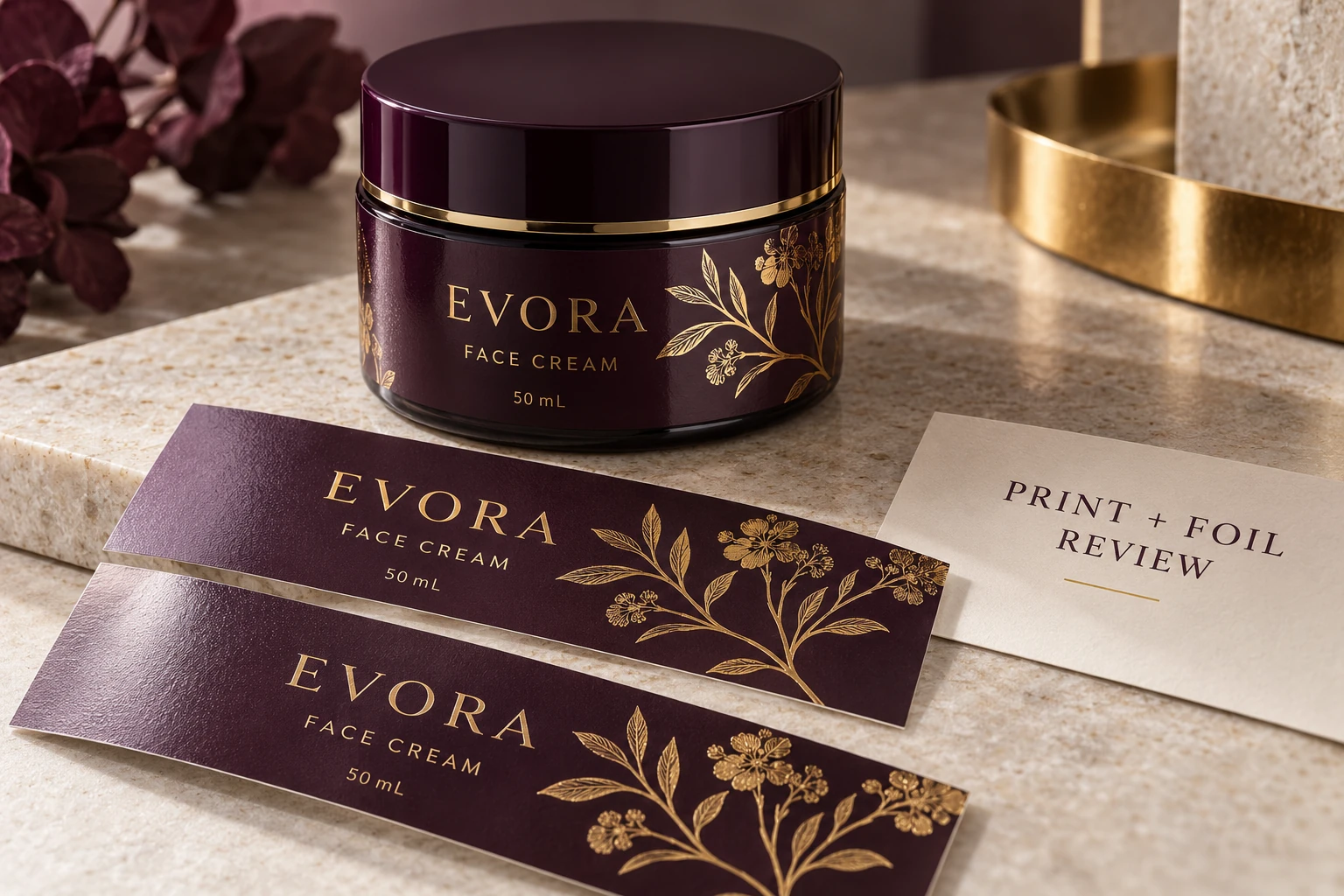 Cream packaging and foil-adjacent printed artwork