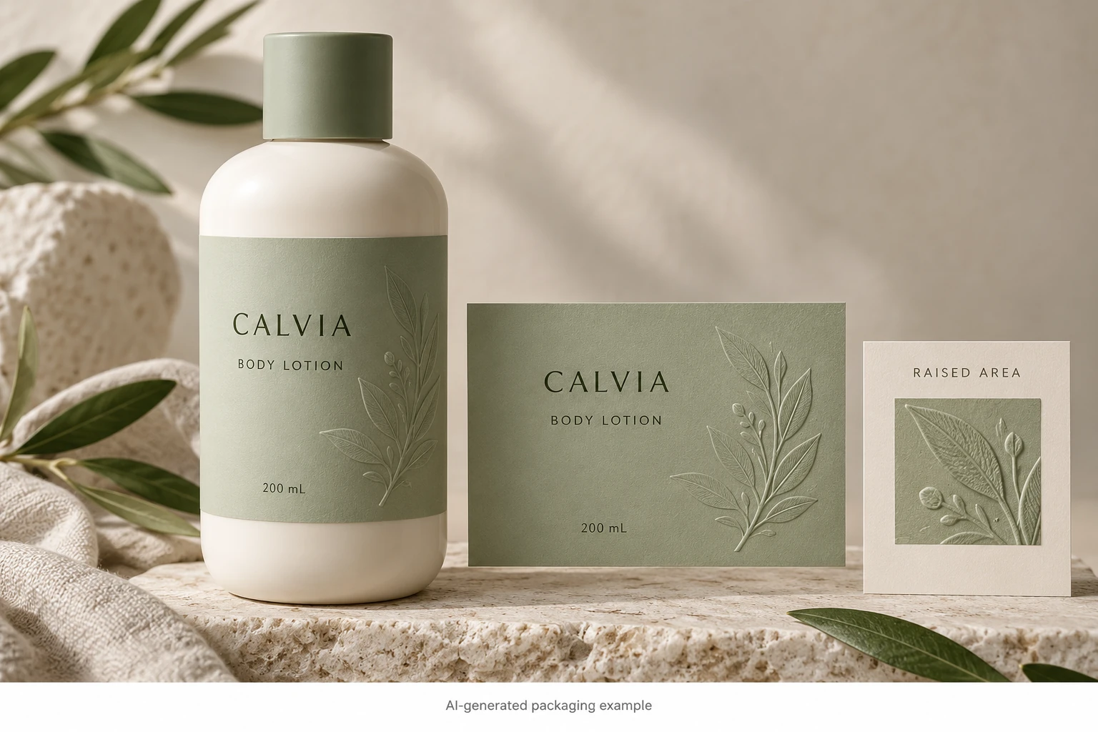 Lotion bottle with a restrained raised botanical label concept
