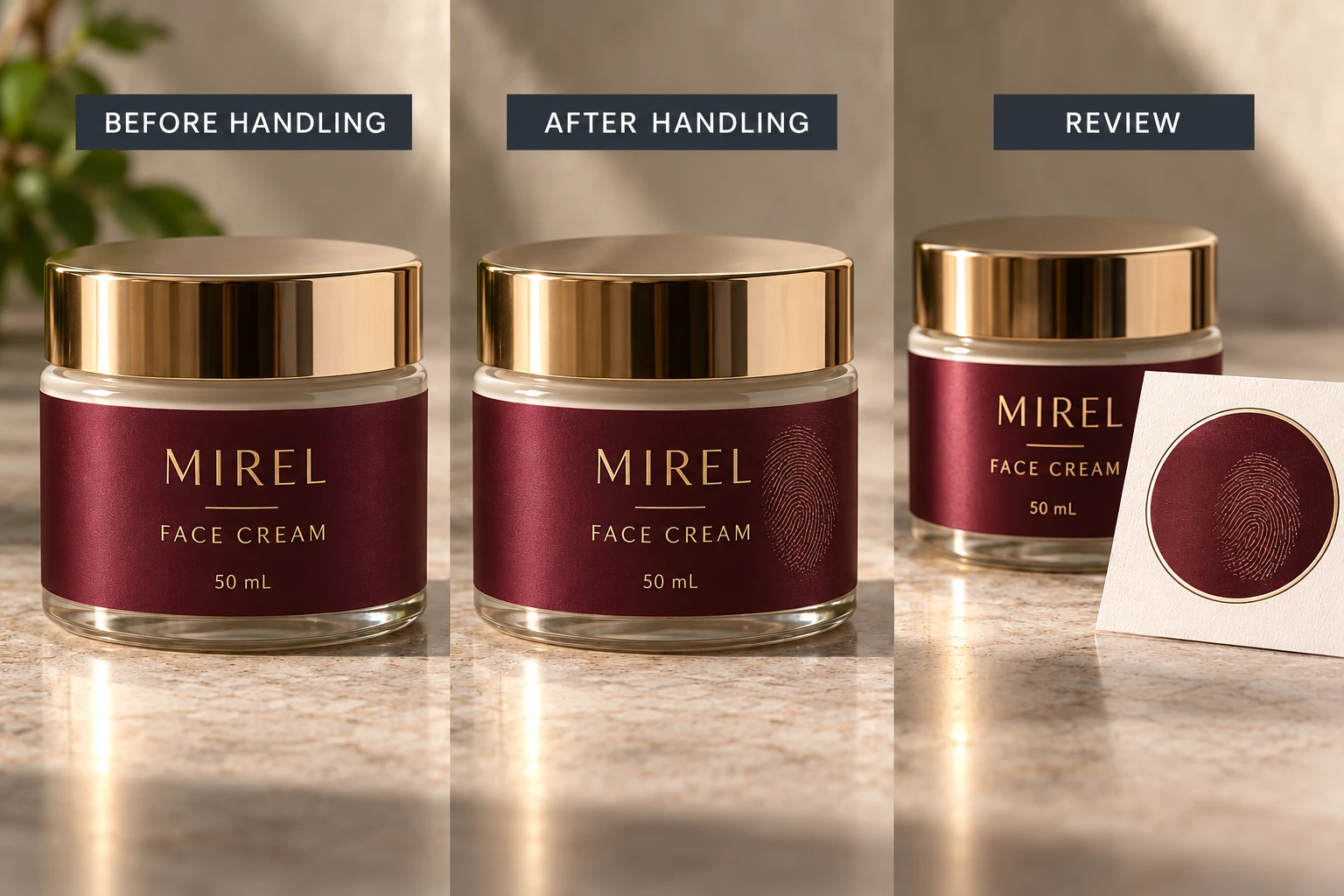 Before and after handling review for a branded cream jar
