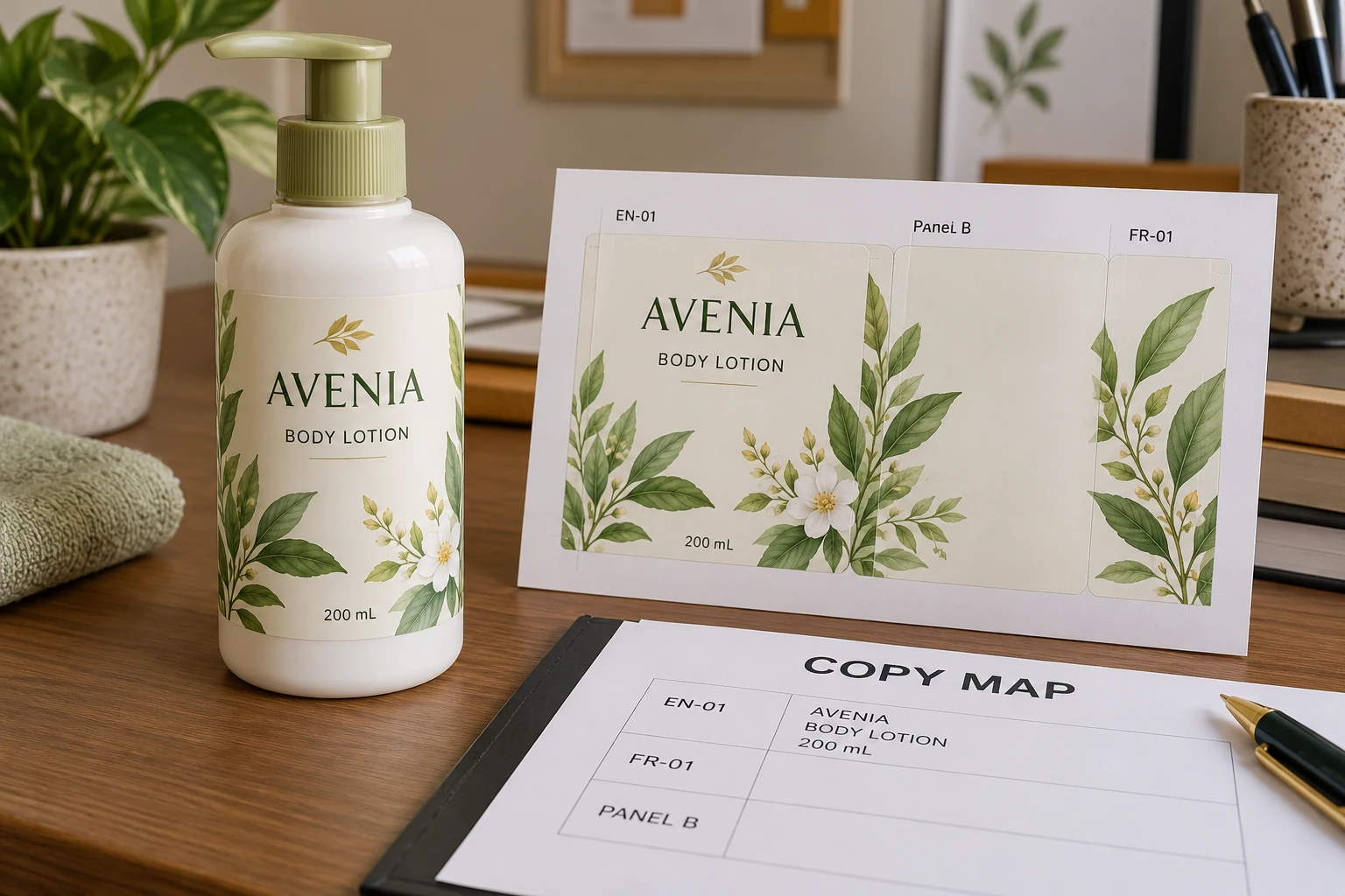 Branded lotion packaging with a language copy-map worksheet