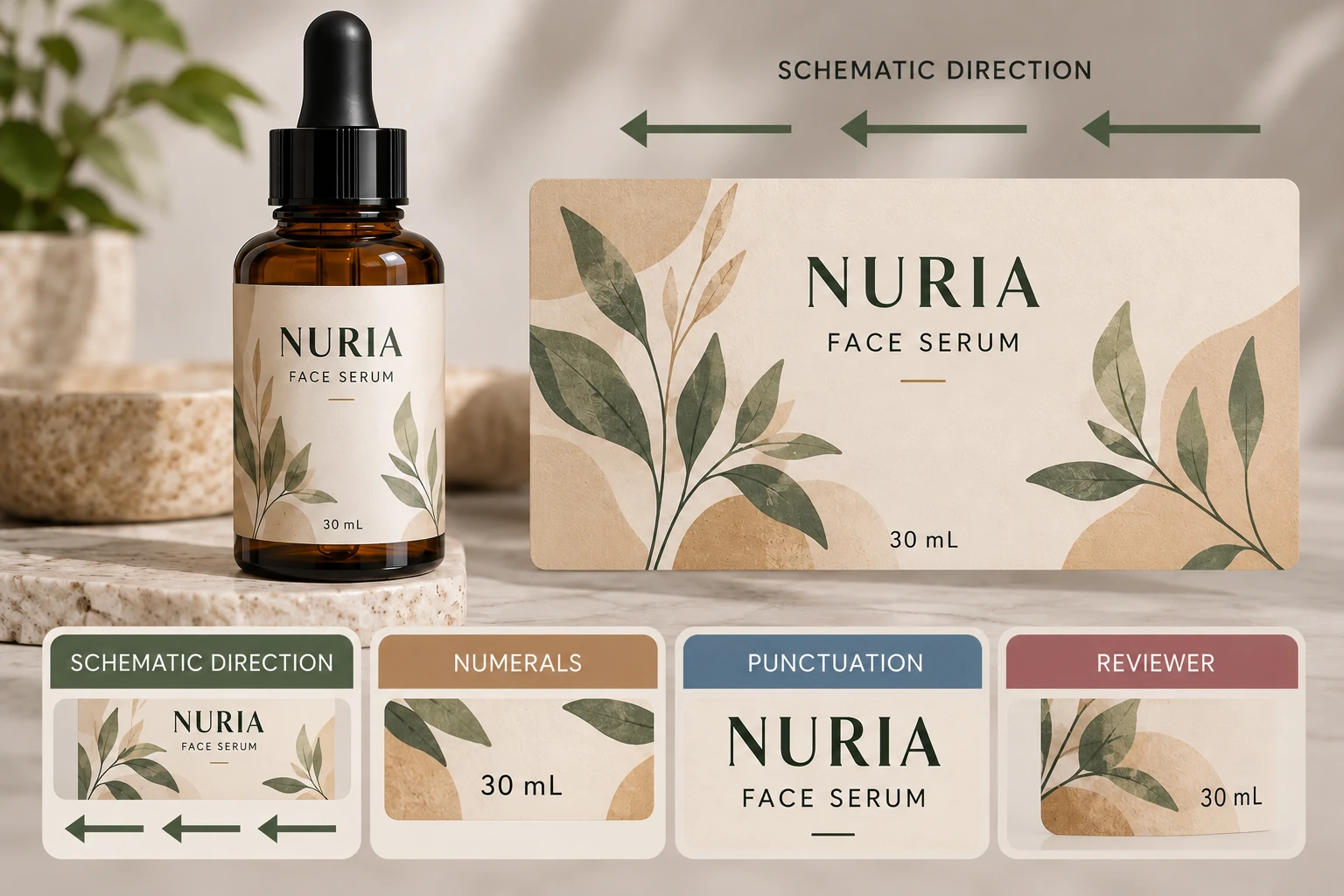 Reading-order review categories beside complete serum packaging