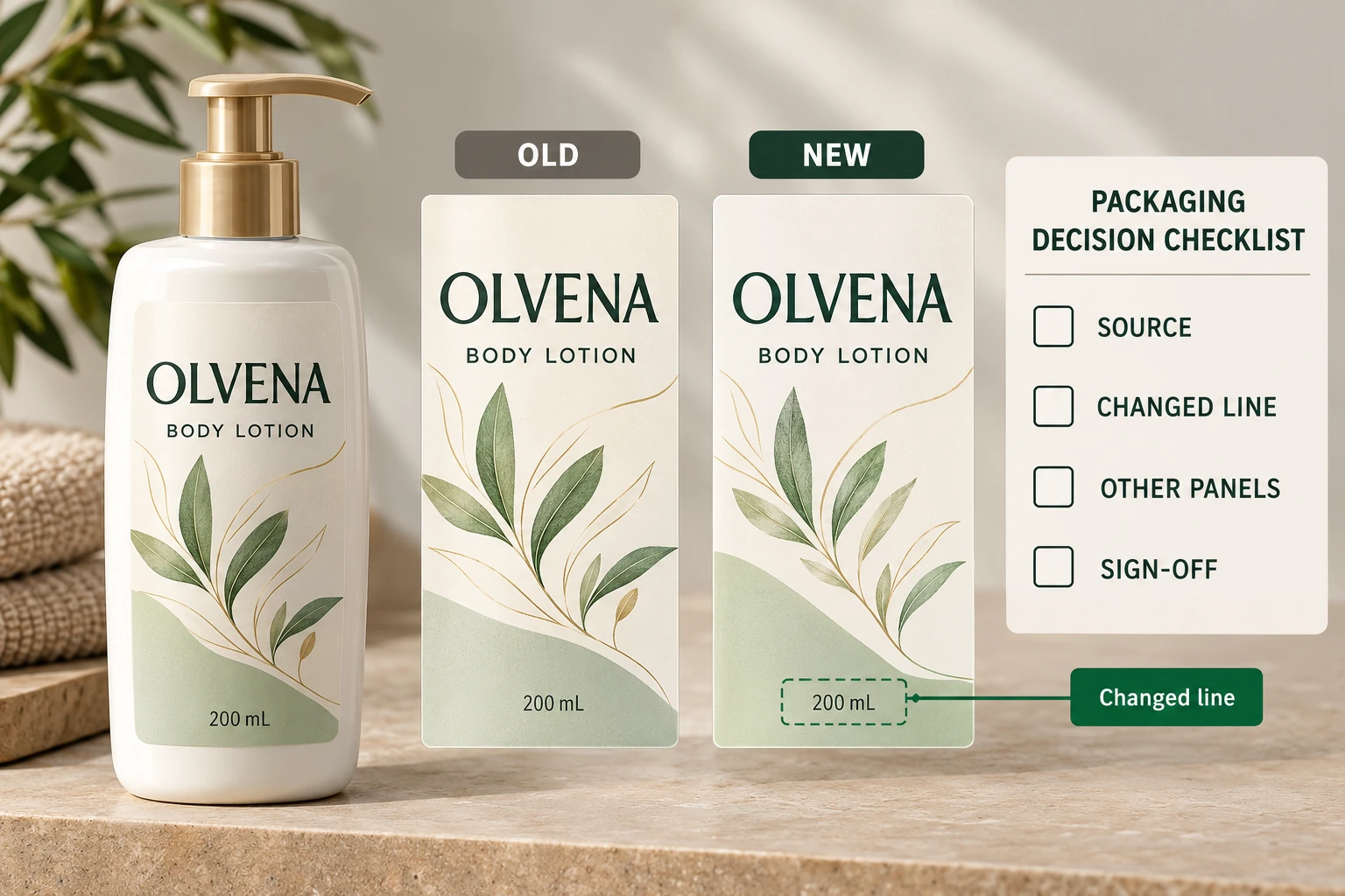 Old and new label panels with change-log review fields