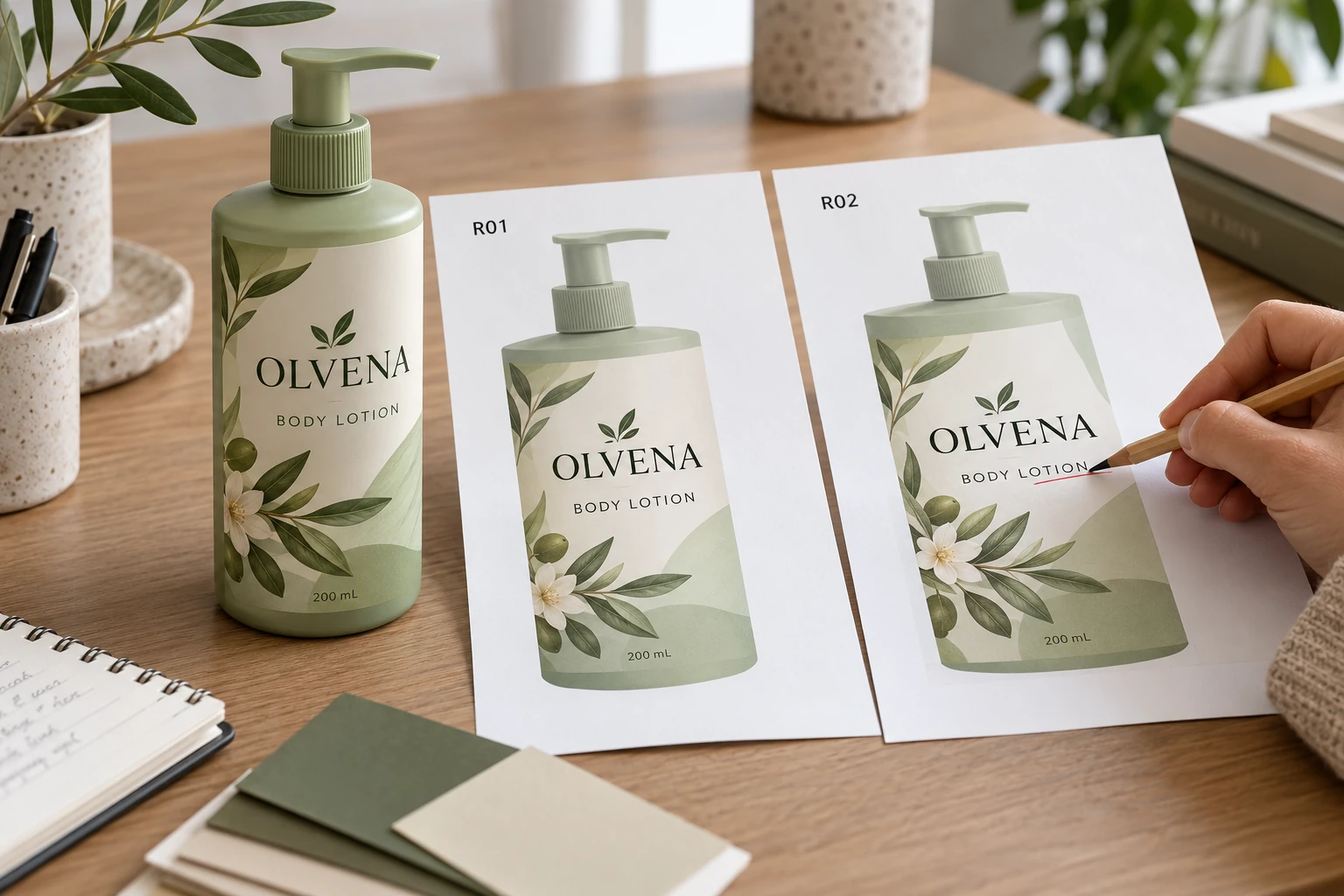 Lotion label proofs prepared for a copy revision review