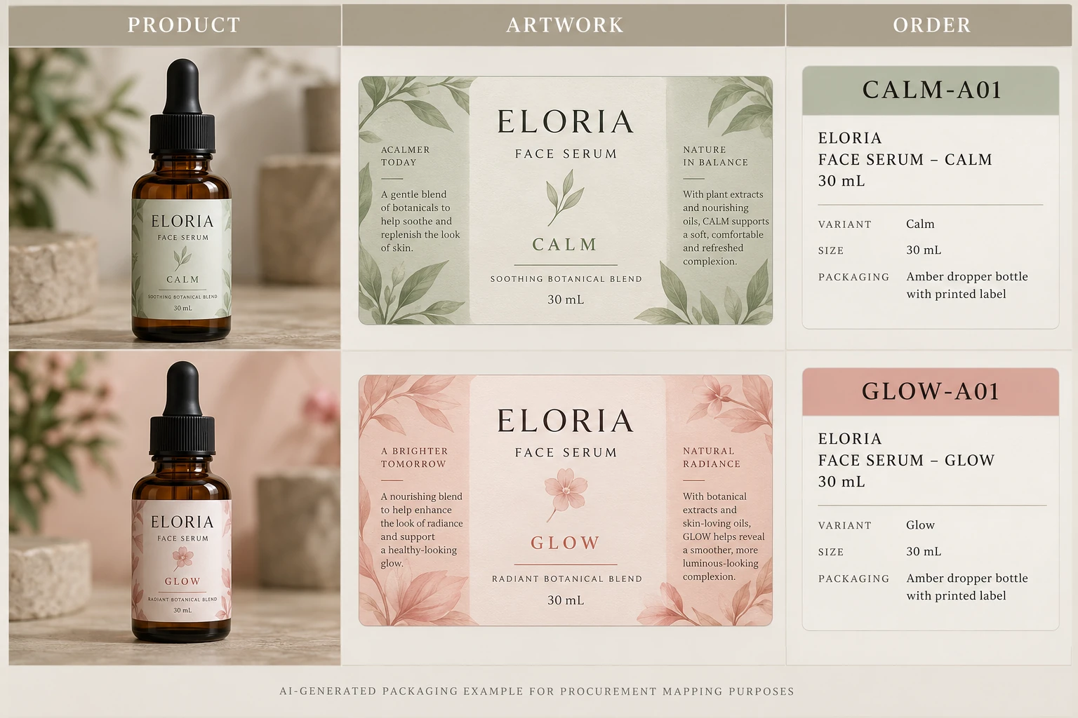 Product, artwork and order mapping for two serum variants