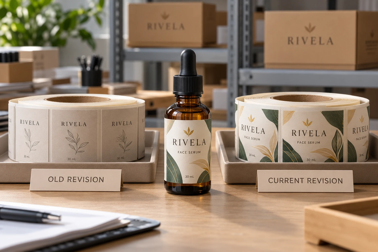 Old and current cosmetic label revisions in separate identified trays