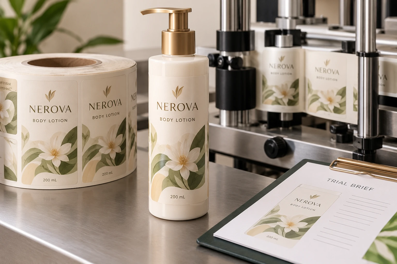 Lotion packaging and a representative label-line trial brief