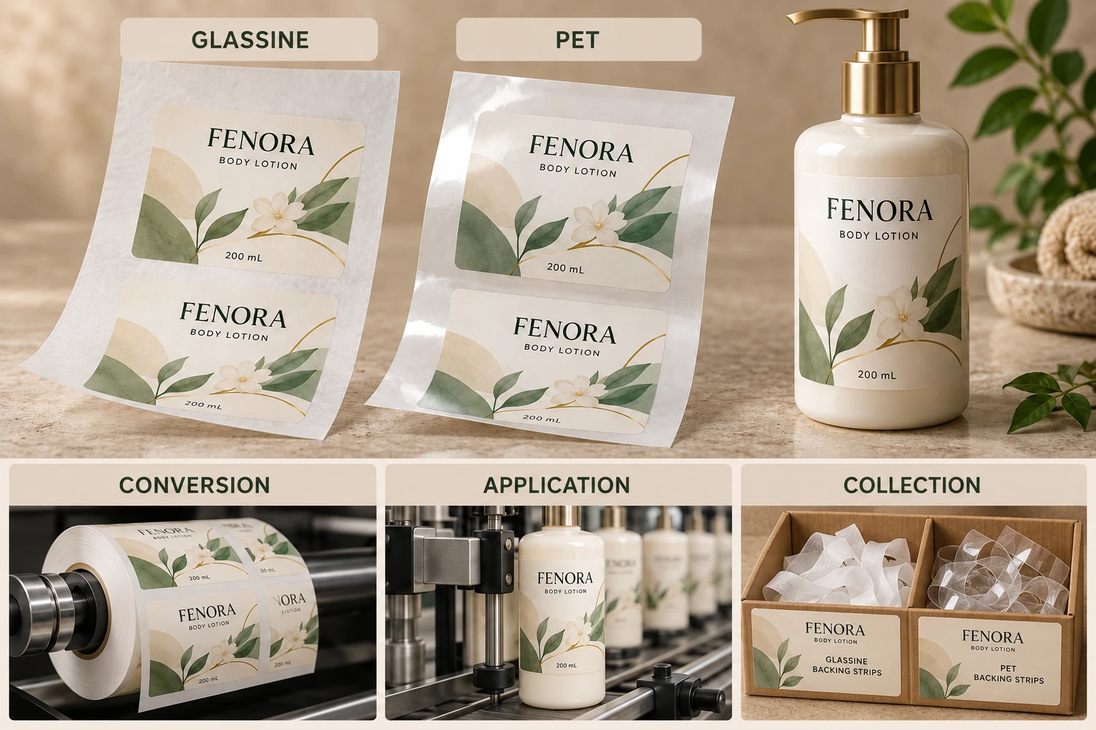 Glassine and PET backing compared across conversion, application and collection