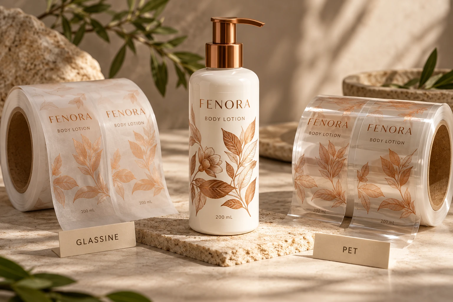 Matching lotion labels supplied on glassine and PET liner concepts