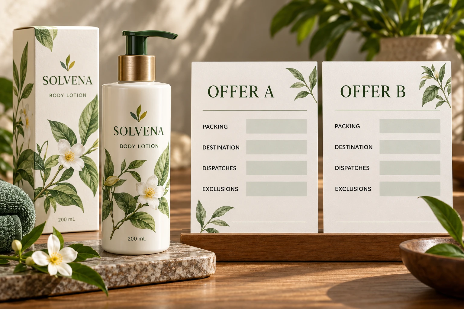 Two quotation scopes compared beside branded lotion packaging