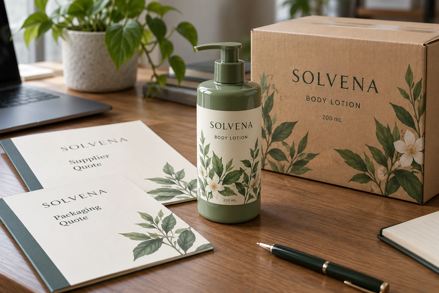 Lotion packaging beside quotation folders and a delivery carton