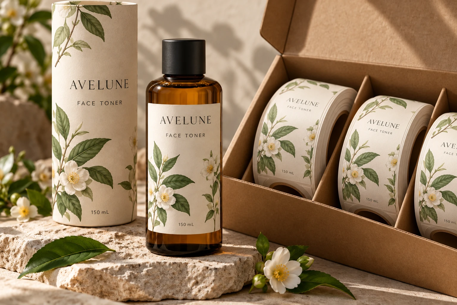 Branded toner packaging and label rolls in a divided carton