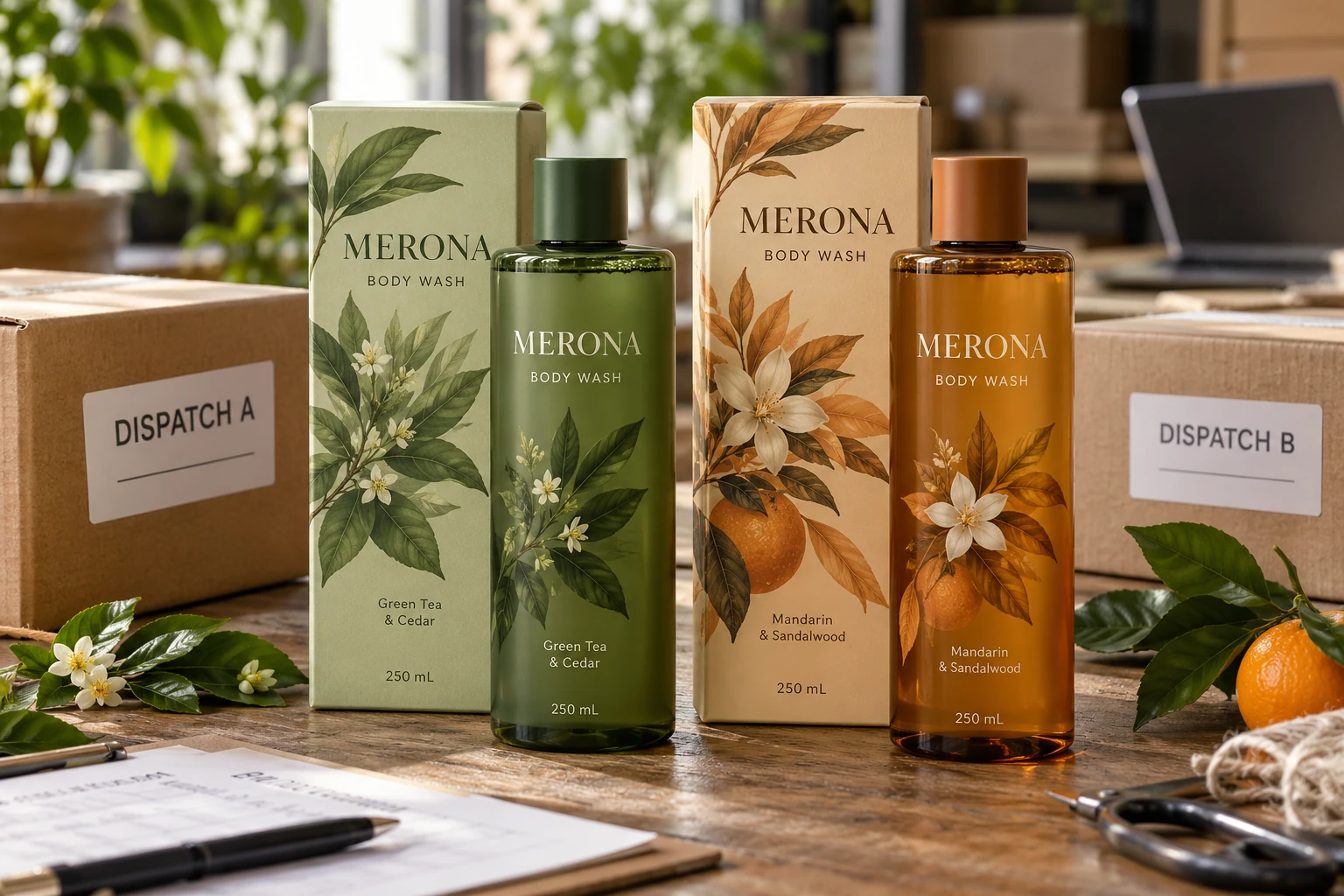 Two body-wash designs beside separately identified dispatch cartons