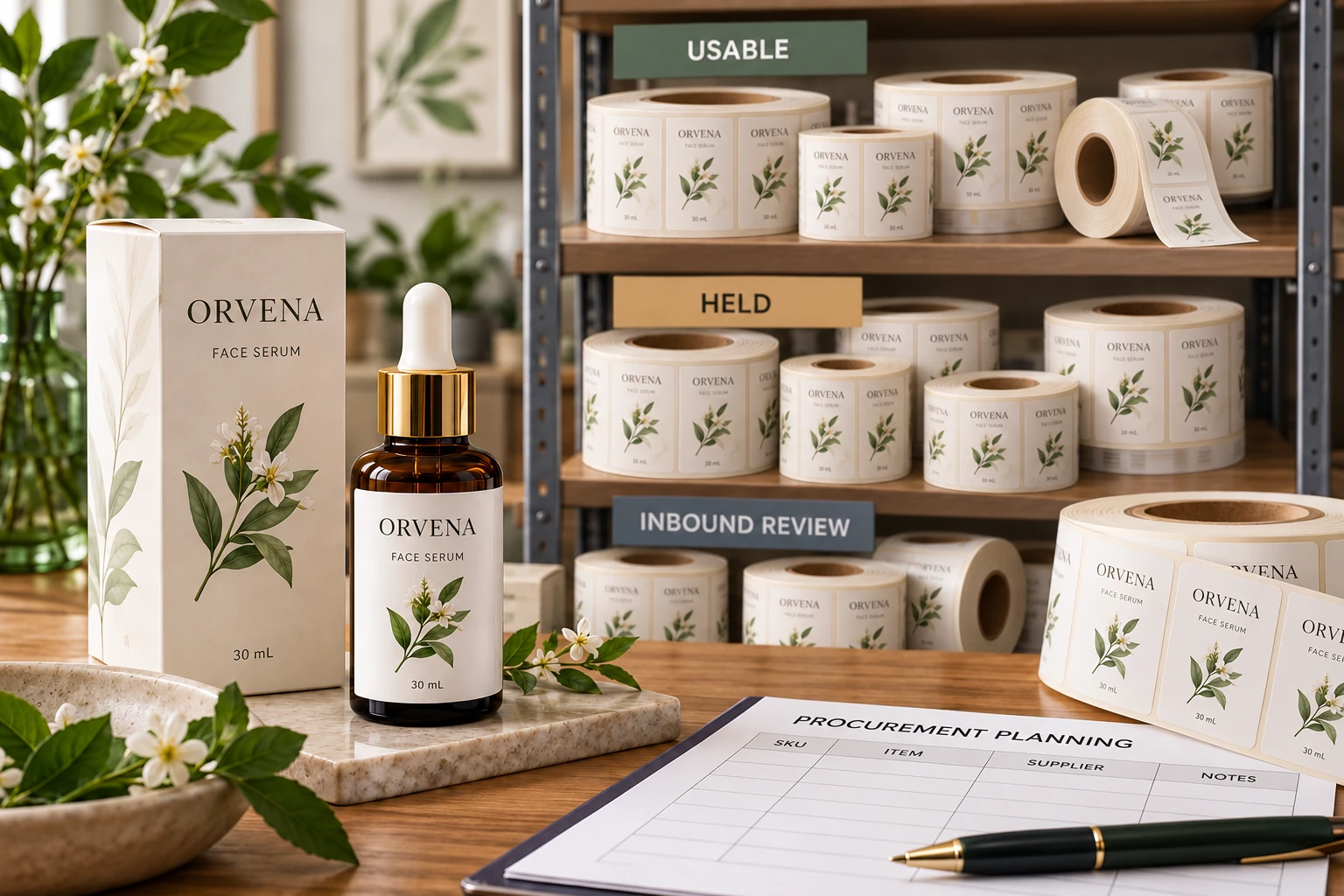 Usable, held and inbound-review label stock beside a branded serum pack