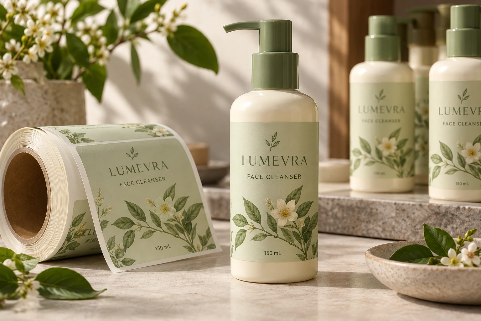 Cleanser packaging and matching label roll at an inactive setup bench