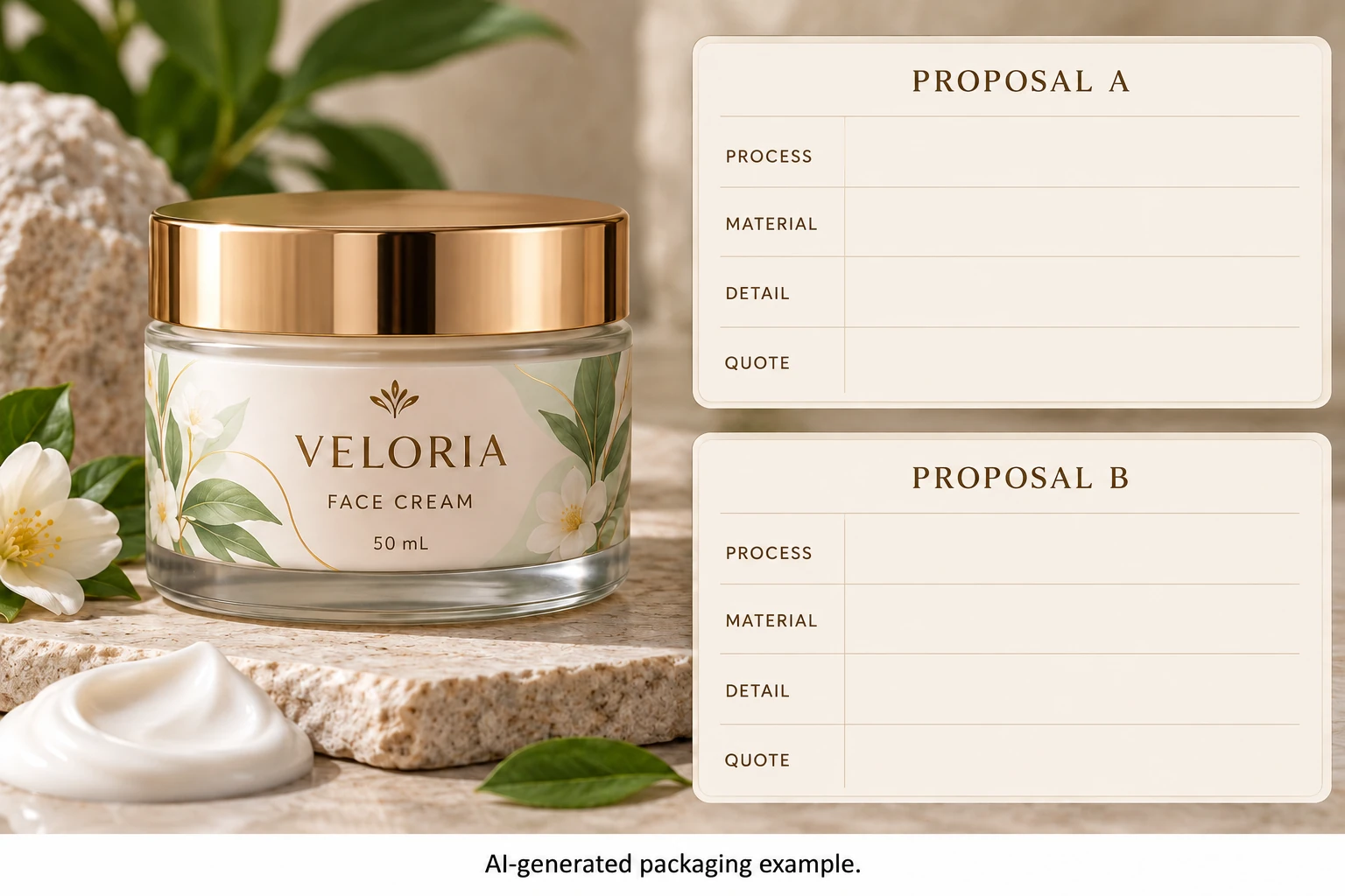 Branded cream pack and process, material, detail and quotation review fields