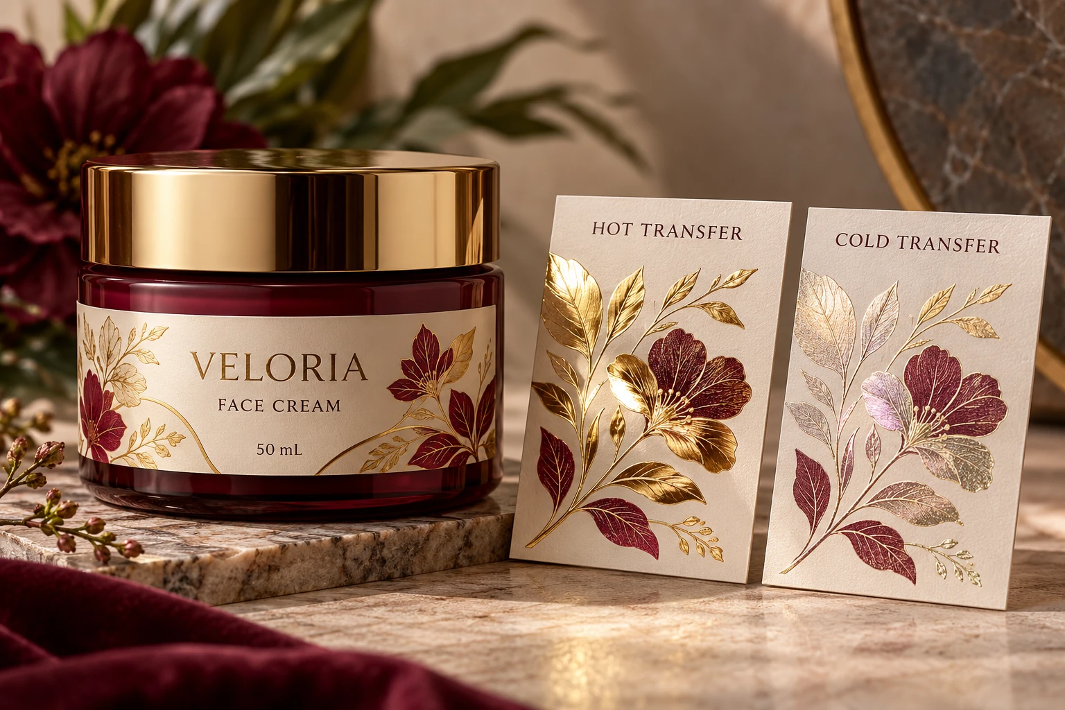Cream packaging beside hot-transfer and cold-transfer sample references