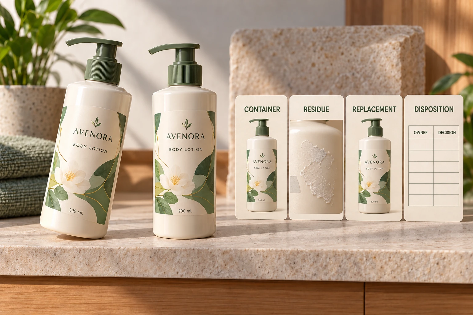 Container, residue, replacement and disposition review beside branded lotion packs