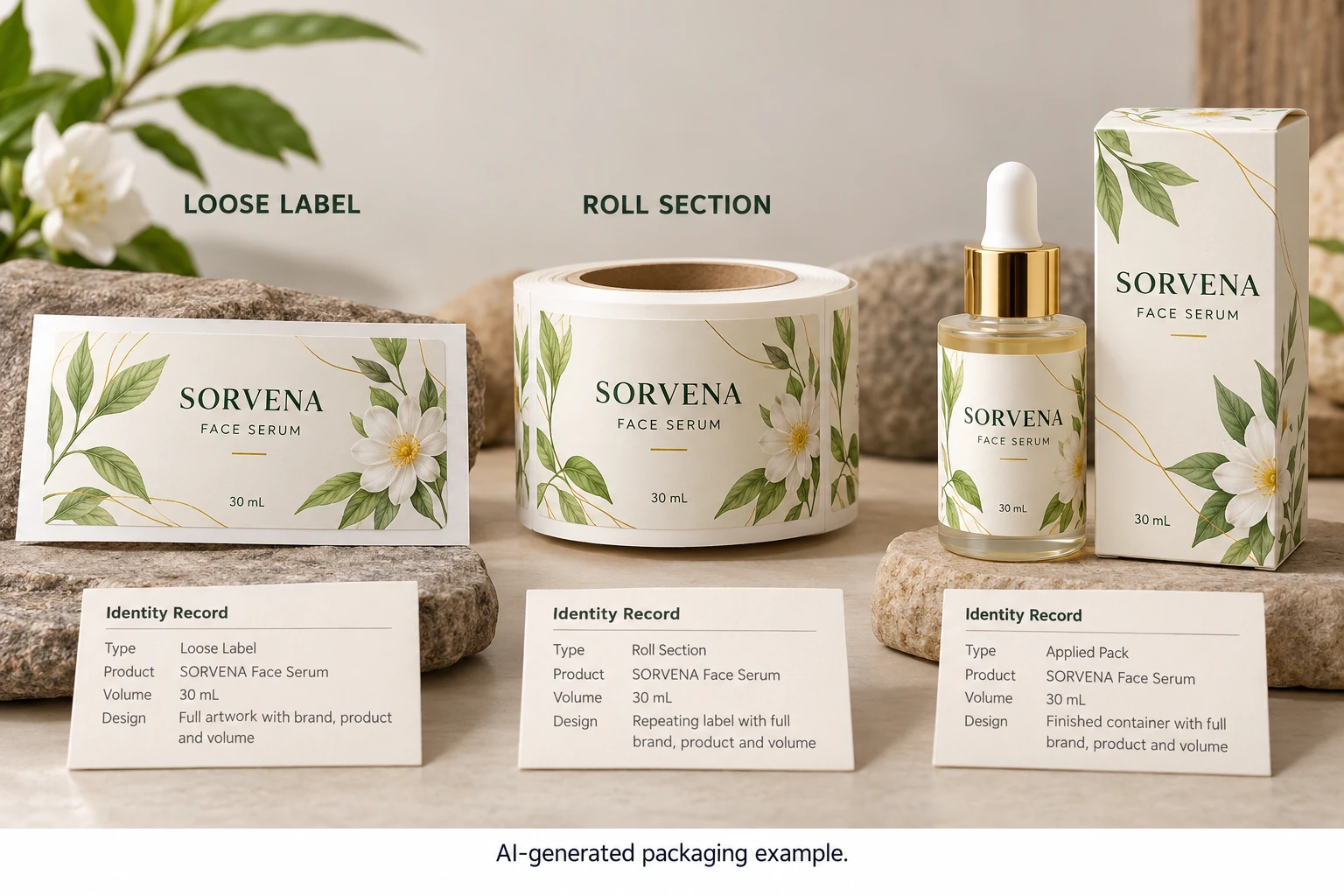 Loose label, roll section and applied pack as distinct reference types