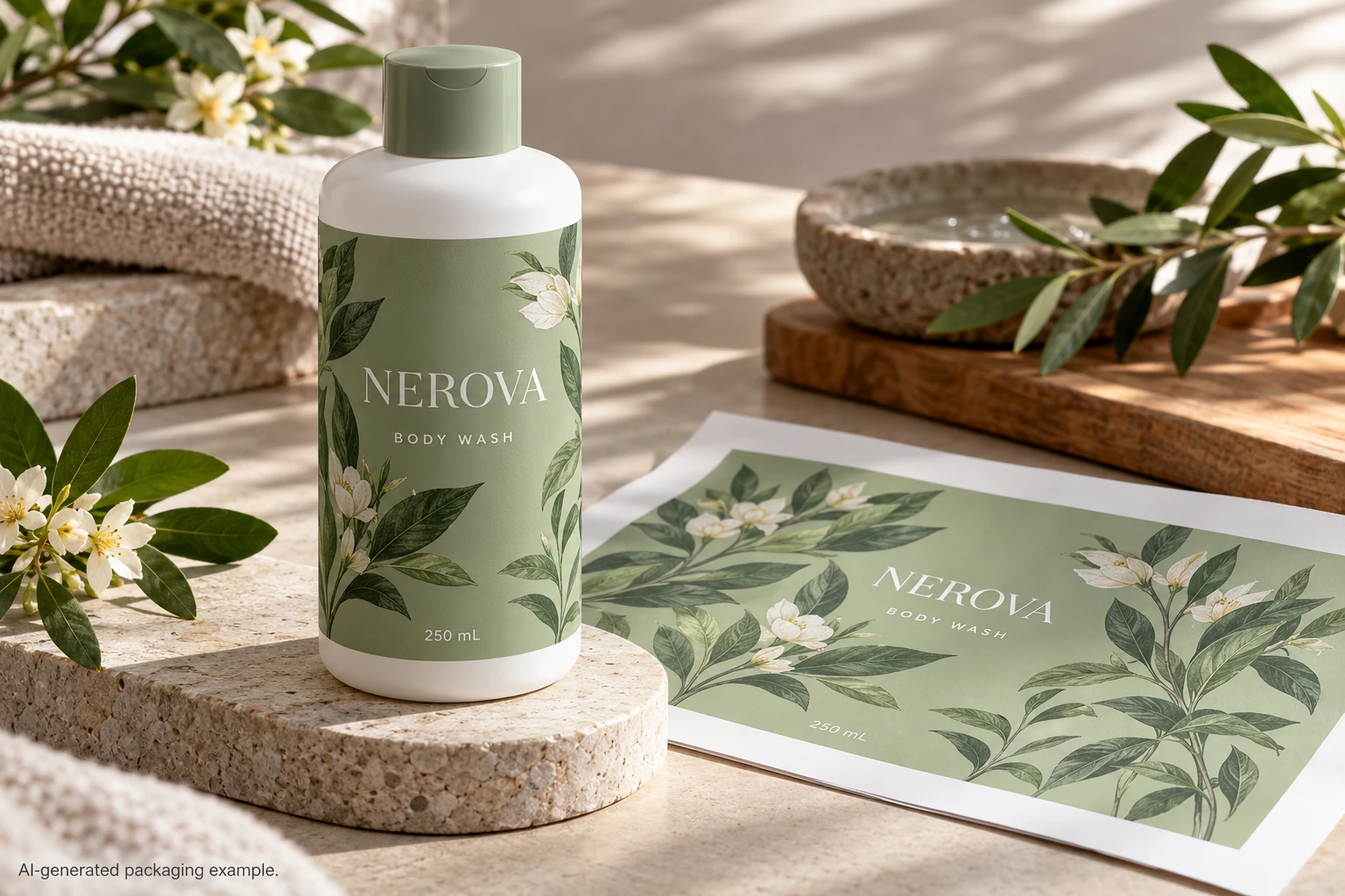 HDPE body-wash bottle and a fully branded film-label sample