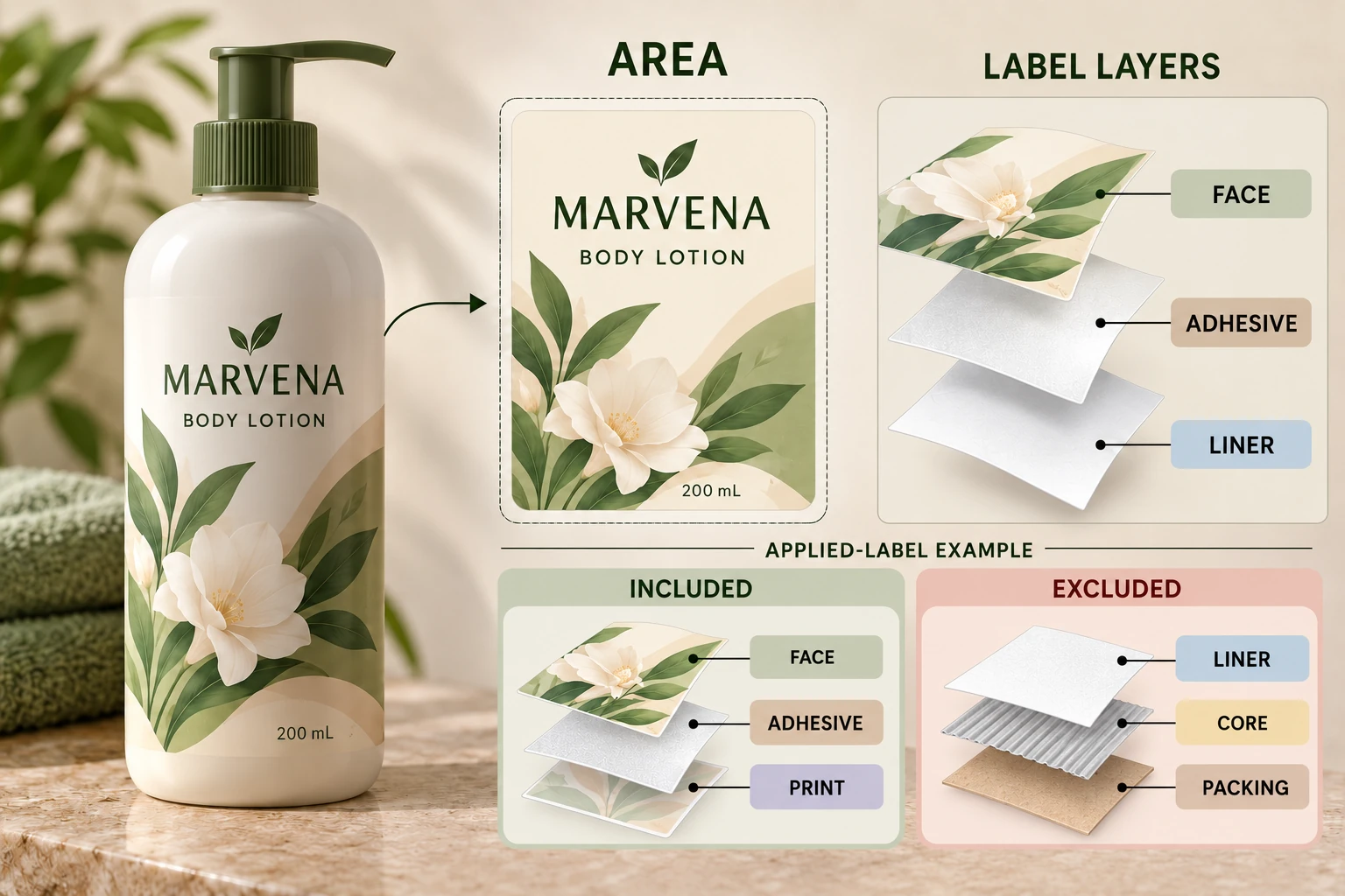 Label area and included/excluded component review beside lotion packaging