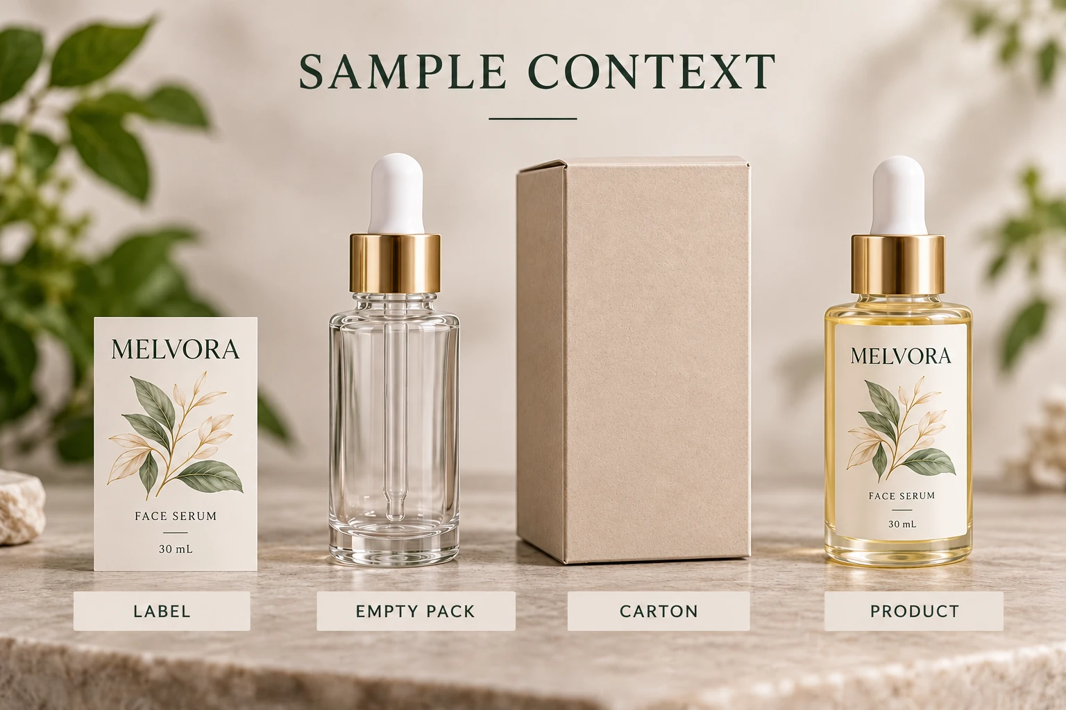 Separate label, empty-pack, carton and product specimen contexts