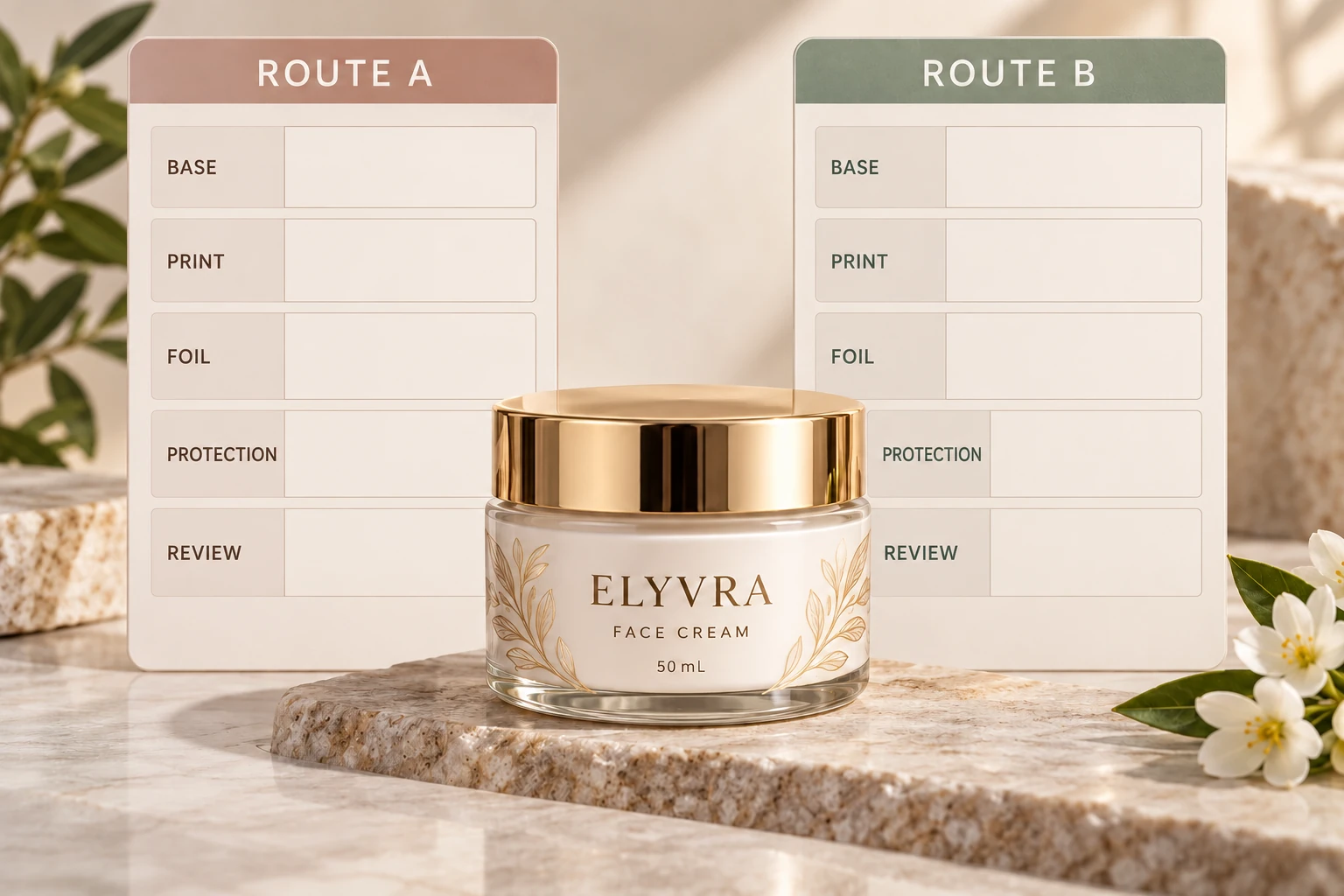 Two schematic finish routes and review fields beside branded cream packaging