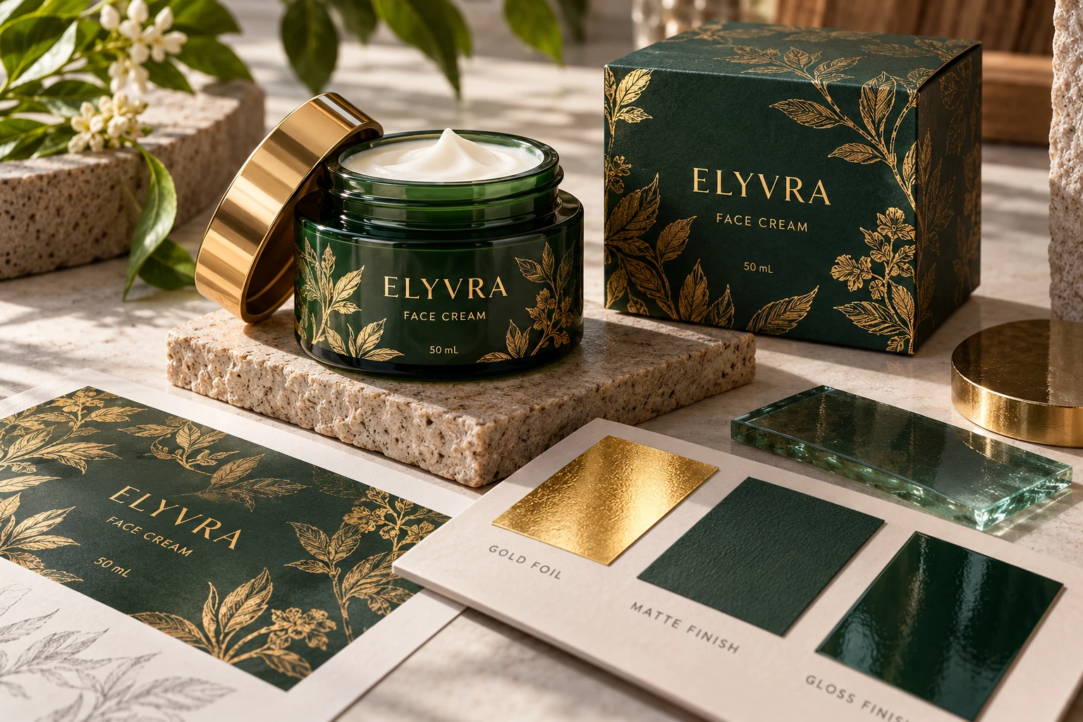 Cream packaging beside foil and protective-finish construction references