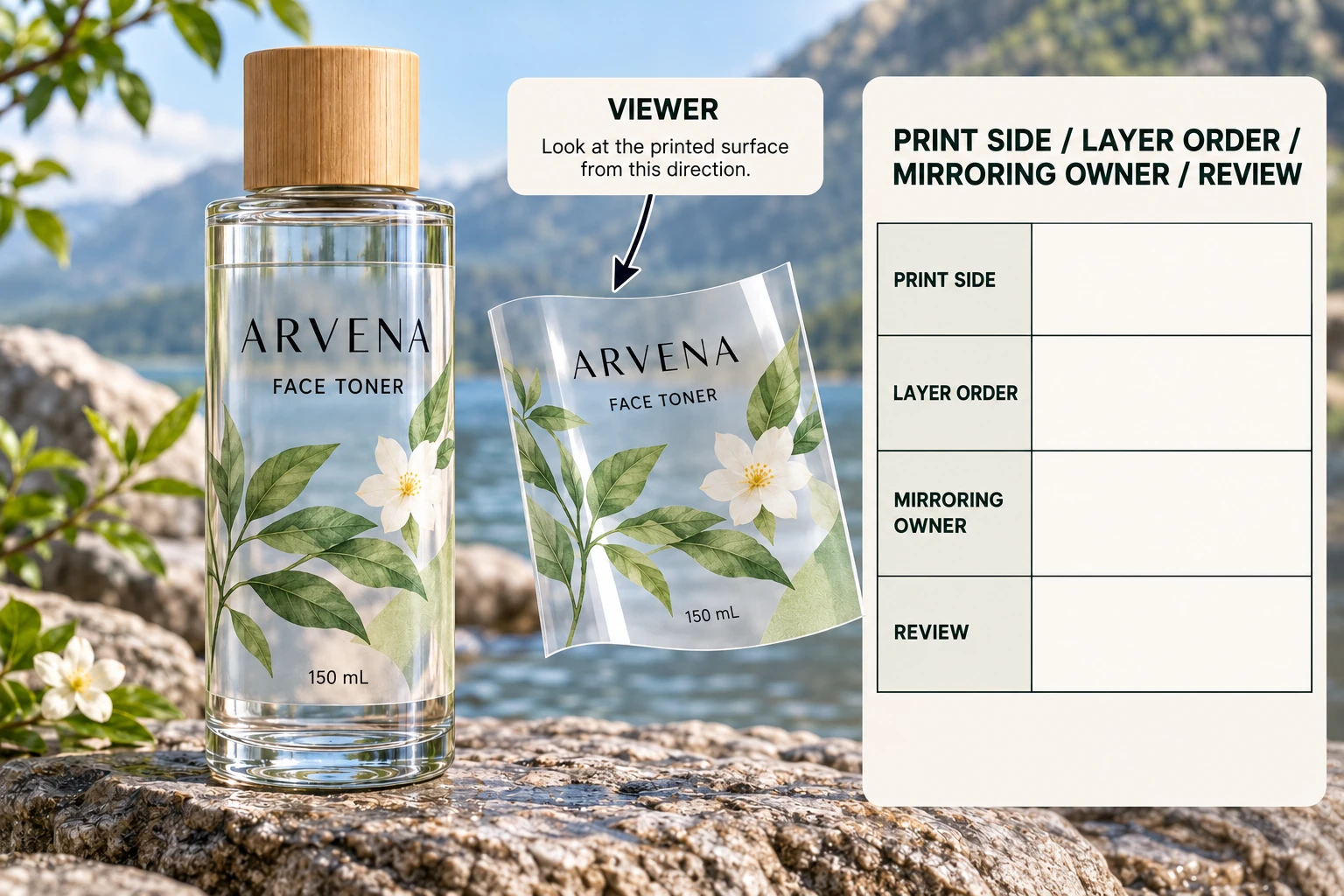 Viewer, film, ink and construction-review fields beside clear toner packaging