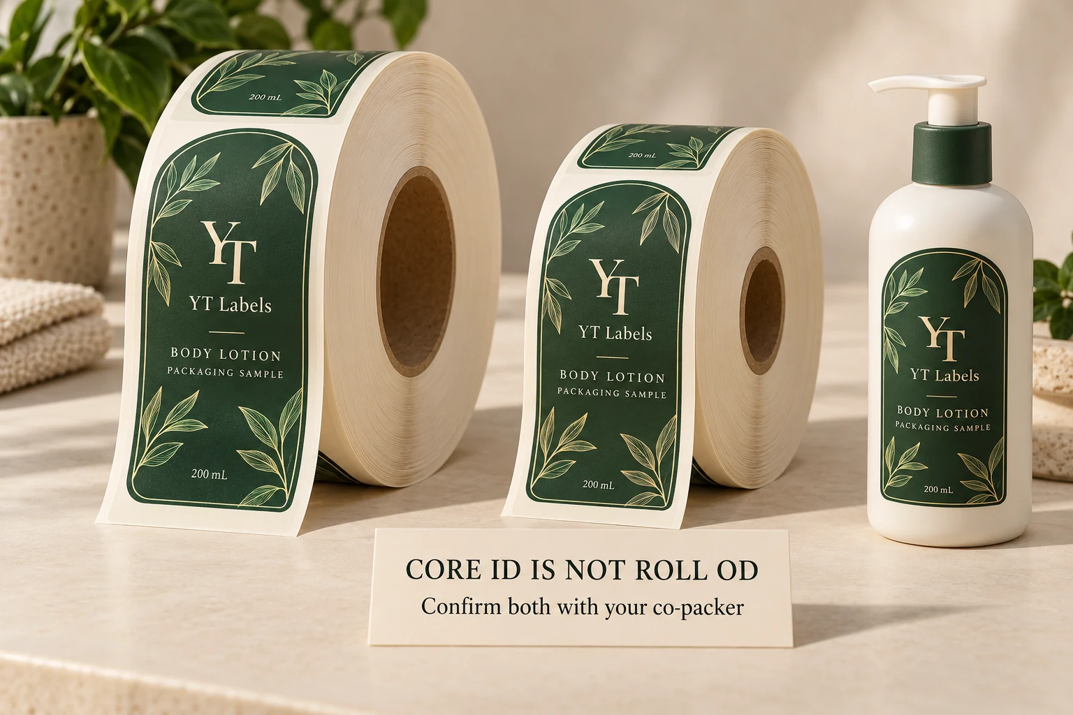 Two YT Labels cosmetic label rolls with visibly different core openings and outside diameters beside a branded lotion sample