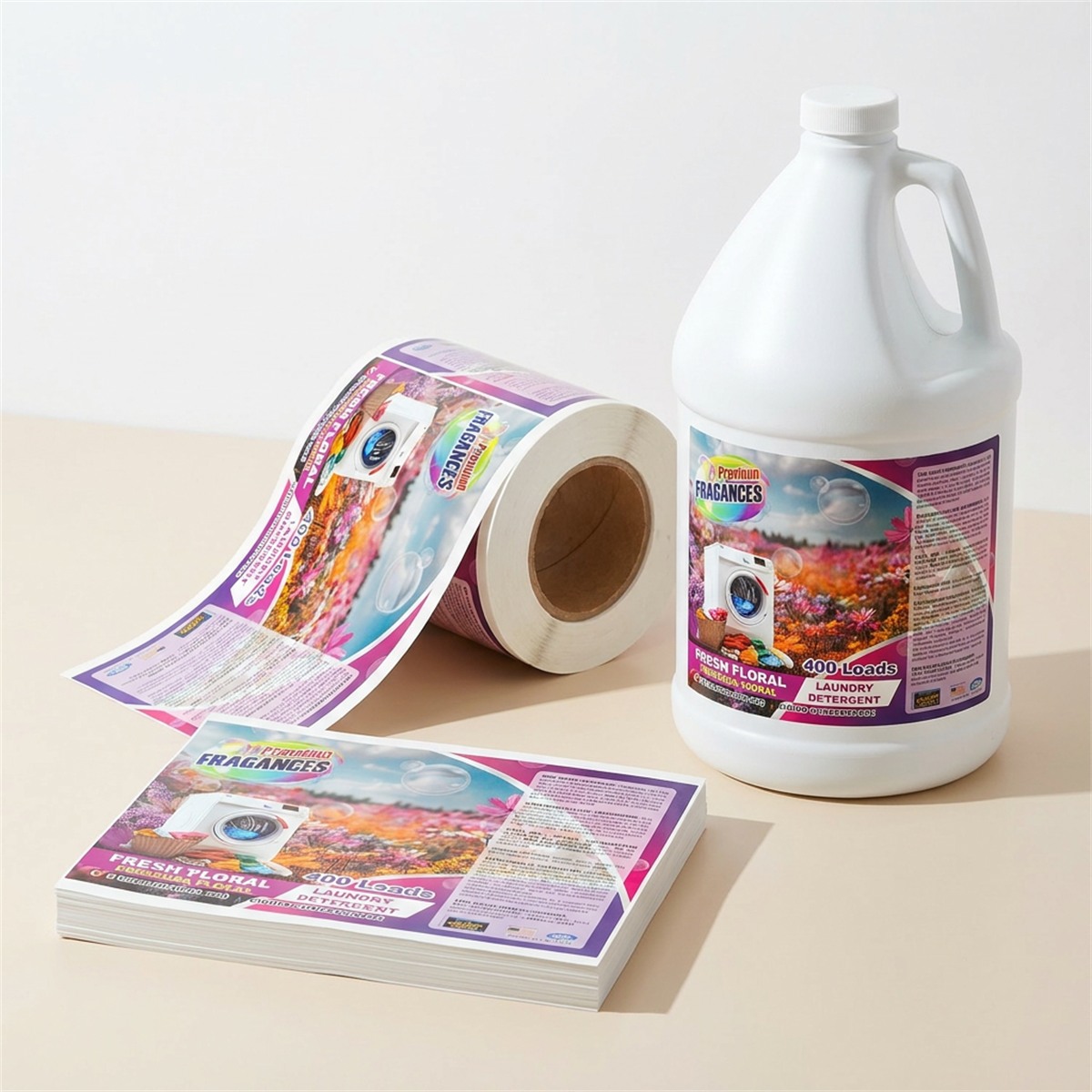 Laundry detergent bottle labels with matching waterproof roll labels
