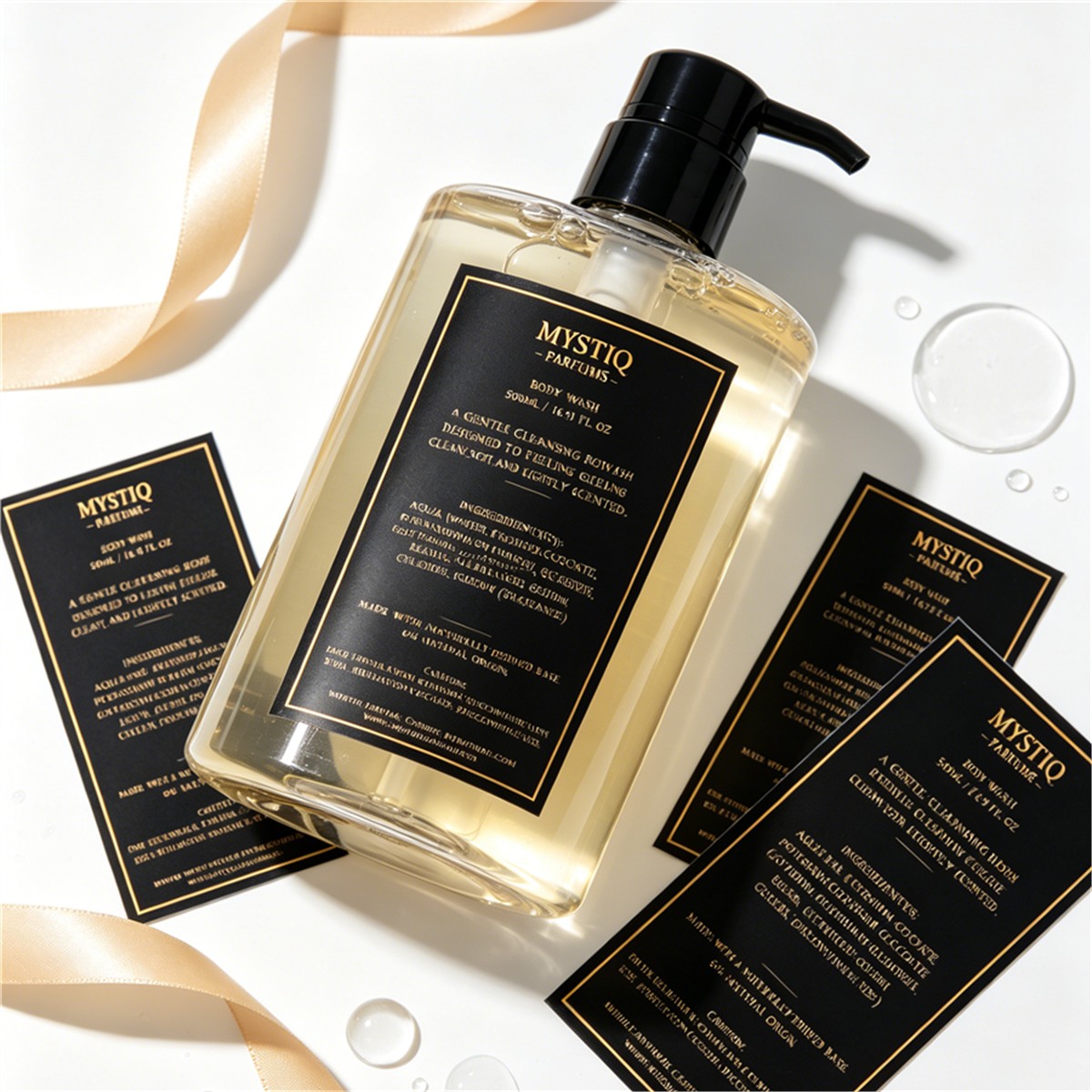 Waterproof body wash and shampoo labels on wash care bottles